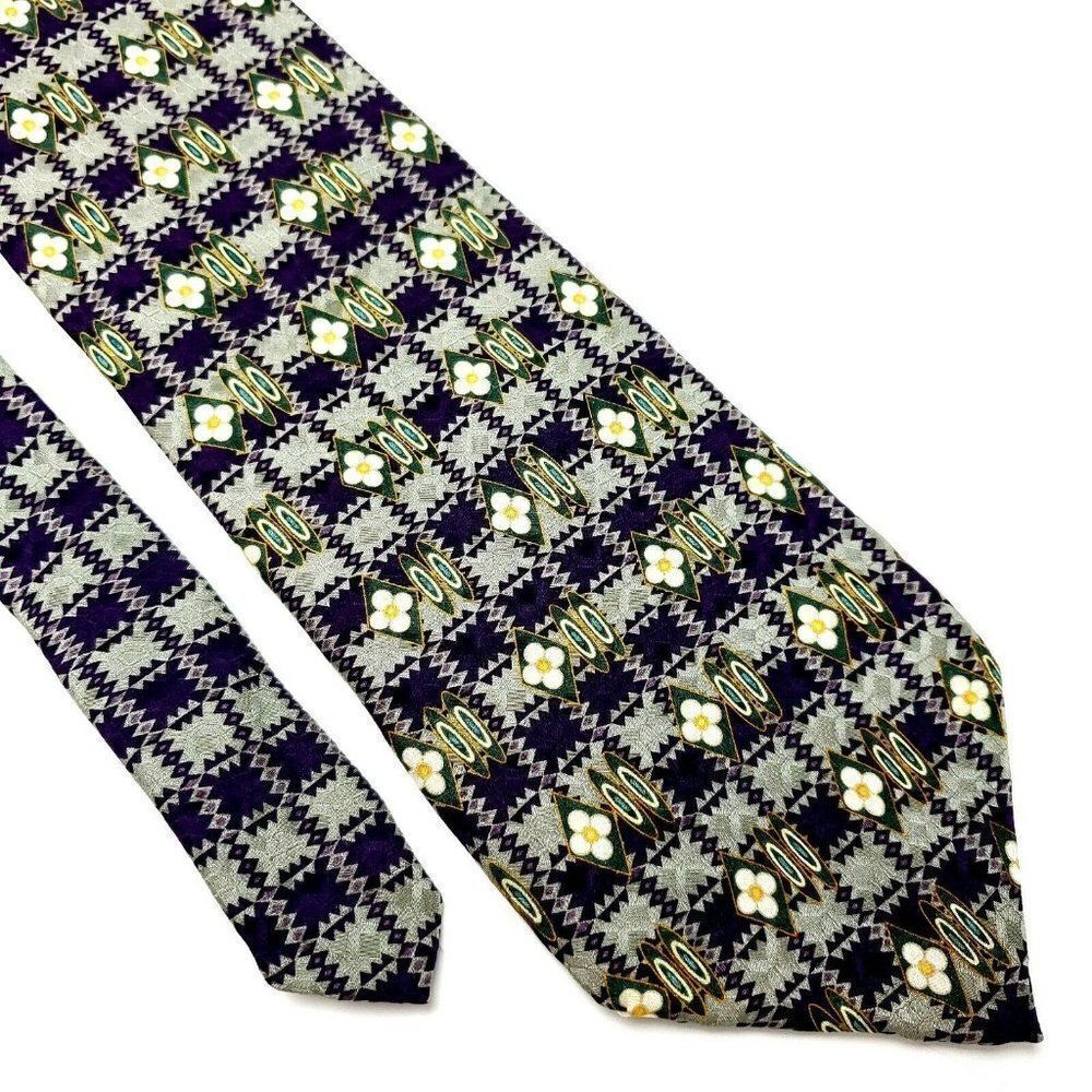 Nautica Silk Tie Purple Green‎ Geometric Print Short Wide